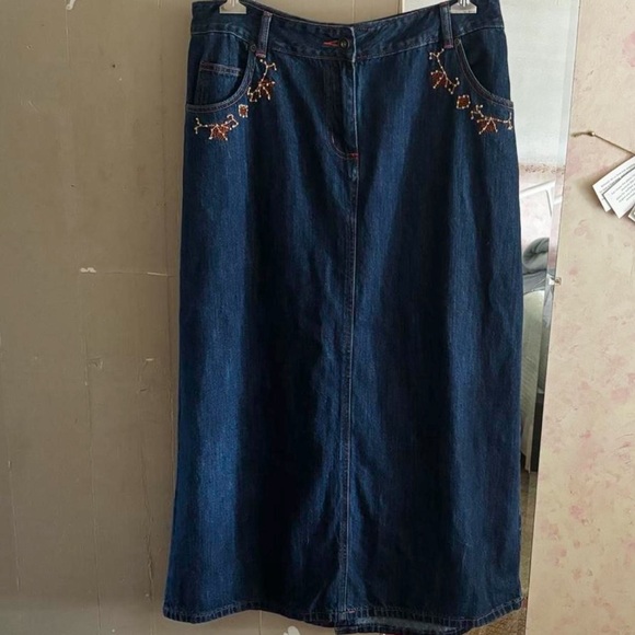 Christopher & Banks dark denim embroidery beaded maxi skirt size 12 - Picture 1 of 14